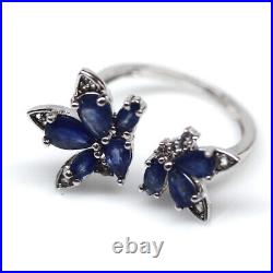 Heated Blue Sapphire & White Cubic Zirconia Ring 925 Sterling Silver Resizeable