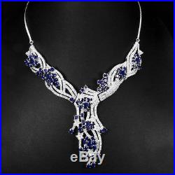 Heated Only Top Blue Sapphire Cubic Zirconia 925 Sterling Silver Necklace 16.5In
