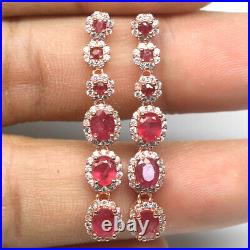 Heated Red Ruby & Cubic Zirconia Earrings 925 Sterling Silver Rose Gold