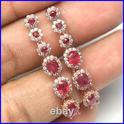 Heated Red Ruby & Cubic Zirconia Earrings 925 Sterling Silver Rose Gold