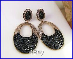 Huge Cubic Zirconia Black Onyx Rose Gold Vermeil Sterling Silver Dangle Earrings