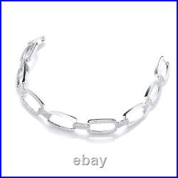 J JAZ Sterling Silver Links Bracelet Oval Bridge Cubic Zirconia Stones Bangle