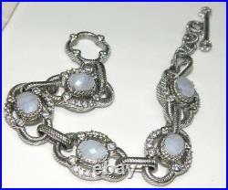 JUDITH RIPKA Blue Lace Agate CZ Sterling Silver Textured Link Toggle 7 Bracelet