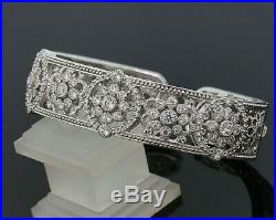 Judith Ripka 925 Sterling Silver CZ Cubic Zirconia Wide Flower Cuff Bracelet