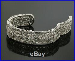 Judith Ripka 925 Sterling Silver CZ Cubic Zirconia Wide Flower Cuff Bracelet