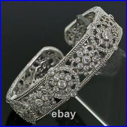 Judith Ripka 925 Sterling Silver CZ Cubic Zirconia Wide Flower Cuff Bracelet