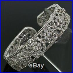 Judith Ripka 925 Sterling Silver CZ Cubic Zirconia Wide Flower Cuff Bracelet