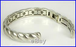 Judith Ripka Cubic Zirconia 925 Sterling Silver Ribbed Hinged Cuff Bracelet