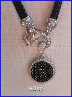 Judith Ripka Sterling Black Cubic Zirconia Locket/Enhancer on Black Leather Rope