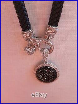 Judith Ripka Sterling Black Cubic Zirconia Locket/Enhancer on Black Leather Rope