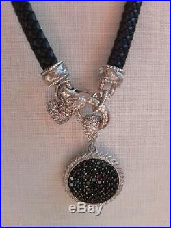 Judith Ripka Sterling Black Cubic Zirconia Locket/Enhancer on Black Leather Rope