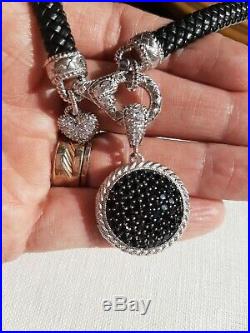 Judith Ripka Sterling Black Cubic Zirconia Locket/Enhancer on Black Leather Rope