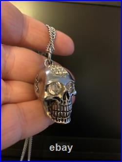 King Baby Sterling Silver Large Skull Necklace With Cubic Zirconia
