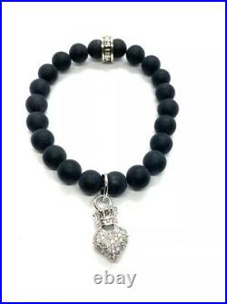 King baby cubic zirconia Crowned Heart Black Onyx Bead Bracelet 7 silver