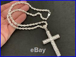 Large Sterling Silver Cubic Zirconia Cross with heavy Sterling Silver Chain