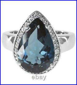 London Blue Topaz Pear Gemstone Cubic Zirconia Halo Sterling Silver 925 Ring