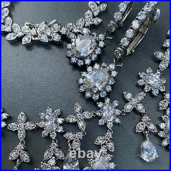 MASSIVE Vintage Sterling silver Cubic Zircon Bib Necklace Dangle Earrings 82grms