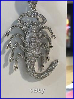 MENS 925 Genuine Sterling Silver Cubic Zircon Iced Scorpion Pendant Chain