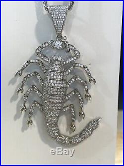 MENS 925 Genuine Sterling Silver Cubic Zircon Iced Scorpion Pendant Chain