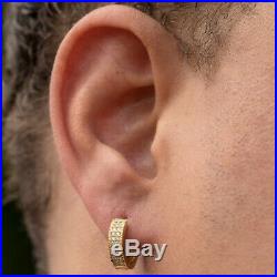 Men's Small Iced 14k Gold Sterling Silver 2 Row Cubic Zirconia CZ Hoop Earrings
