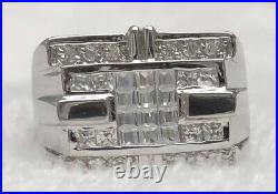 Men's Sterling Silver Wide Ring with White Square & Round Cubic Zirconia