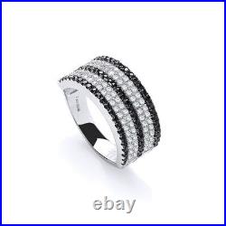 Micro Pave Black & Clear Cubic Zirconia Ring Sterling Silver