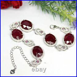 NATURAL 10 X 12 mm. BLOOD RED RUBY & WHITE CZ BRACELET 925 SILVER
