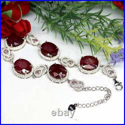 NATURAL 10 X 12 mm. BLOOD RED RUBY & WHITE CZ BRACELET 925 SILVER