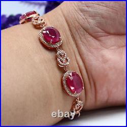 NATURAL 10 X 12 mm. OVAL RED RUBY & WHITE CZ BRACELET 9 925 STERLING SILVER