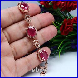 NATURAL 10 X 12 mm. OVAL RED RUBY & WHITE CZ BRACELET 9 925 STERLING SILVER