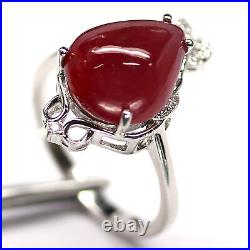NATURAL 10 X 13 mm. CABOCHON RED RUBY & WHITE CZ RING 925 STERLING SILVER