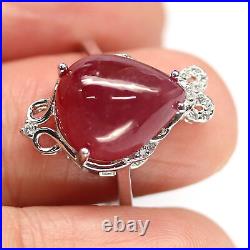 NATURAL 10 X 13 mm. CABOCHON RED RUBY & WHITE CZ RING 925 STERLING SILVER