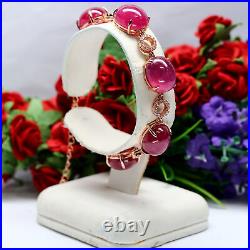 NATURAL 11 X 14 mm. CABOCHON RED RUBY & WHITE CZ BRACELET 925 STERLING SILVER
