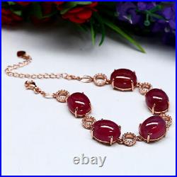 NATURAL 11 X 14 mm. CABOCHON RED RUBY & WHITE CZ BRACELET 925 STERLING SILVER