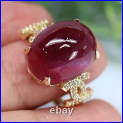 NATURAL 13 X 17 mm. CABOCHON RED RUBY & WHITE CZ RING 925 STERLING SILVER SIZE 8