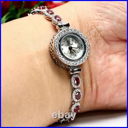 NATURAL 3 X 5 mm. OVAL RED RUBY & WHITE CZ WRISH WATCH 7.5 925 STERLING SILVER