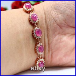 NATURAL 6 X 7 mm. CABOCHON PINK RED RUBY & WHITE CZ BRACELET 9 925 SILVER