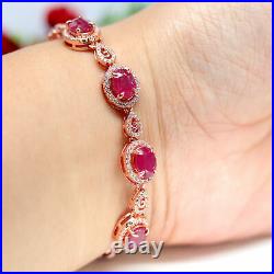 NATURAL 6 X 8 mm. OVAL RED RUBY & WHITE CZ BRACELET 925 STERLING SILVER