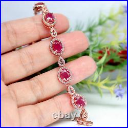 NATURAL 6 X 8 mm. OVAL RED RUBY & WHITE CZ BRACELET 925 STERLING SILVER