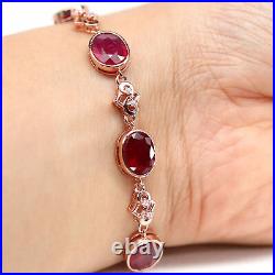 NATURAL 8 X 10 mm. OVAL RED RUBY & WHITE CZ BRACELET 8.5 925 STERLING SILVER