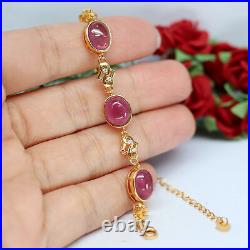 NATURAL 8 X 9 mm. CABOCHON RED RUBY & WHITE CZ BRACELET 925 STERLING SILVER