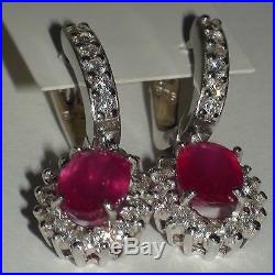 NATURAL RUBY, CUBIC ZIRCON EARRINGS 925 STERLING SILVER, Estate Jewelry
