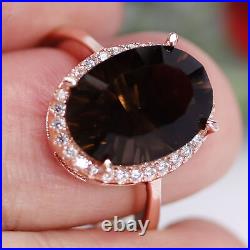 NATURAL UNHEATED 10 X 14 mm. SMOKY QUARTZ & WHITE CZ RING 925 STERLING SILVER