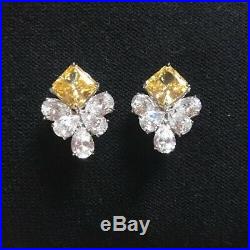 NEW Fantasia by DeSerio Sterling Silver White & Canary Cubic Zirconia Earrings