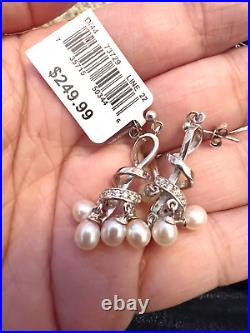 NWT Sterling Silver Freshwater Pearl CZ Dangle Spiral Earrings