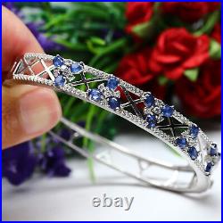 Natural Heated Blue Sapphire & White Cz Bangle 925 Sterling Silver