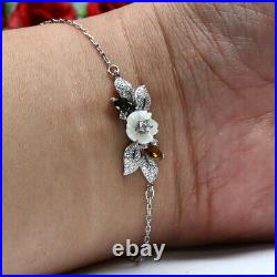Natural Mother Of Pearl Flower Carved Tourmaline & Cz Bracelet 8.5 925 Silver