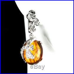 Natural Oval Amber Poland 16x12mm Cubic Zirconia 925 Sterling Silver Earrings