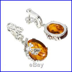 Natural Oval Amber Poland 16x12mm Cubic Zirconia 925 Sterling Silver Earrings