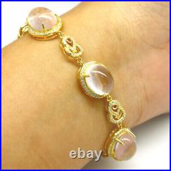 Natural Pink Rose Quartz & White Cz Bracelet 9 925 Silver Sterling